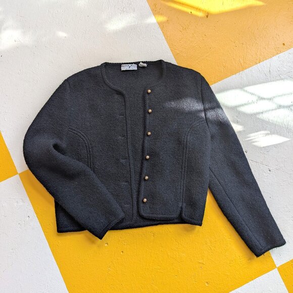 100% Wool Carrol Reed Vintage Black Button up Sweater Cardigan Medium - Picture 1 of 12
